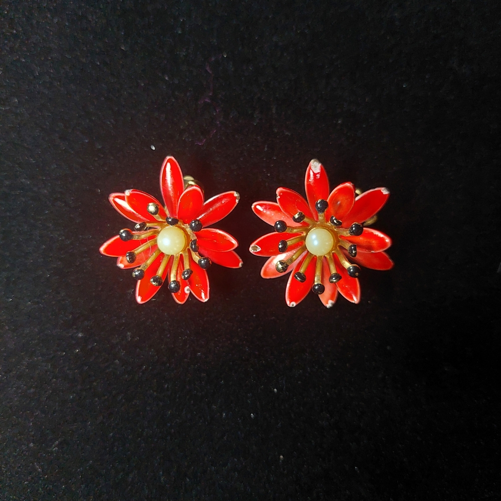 Judy Lee Red Flower Vintage Earrings